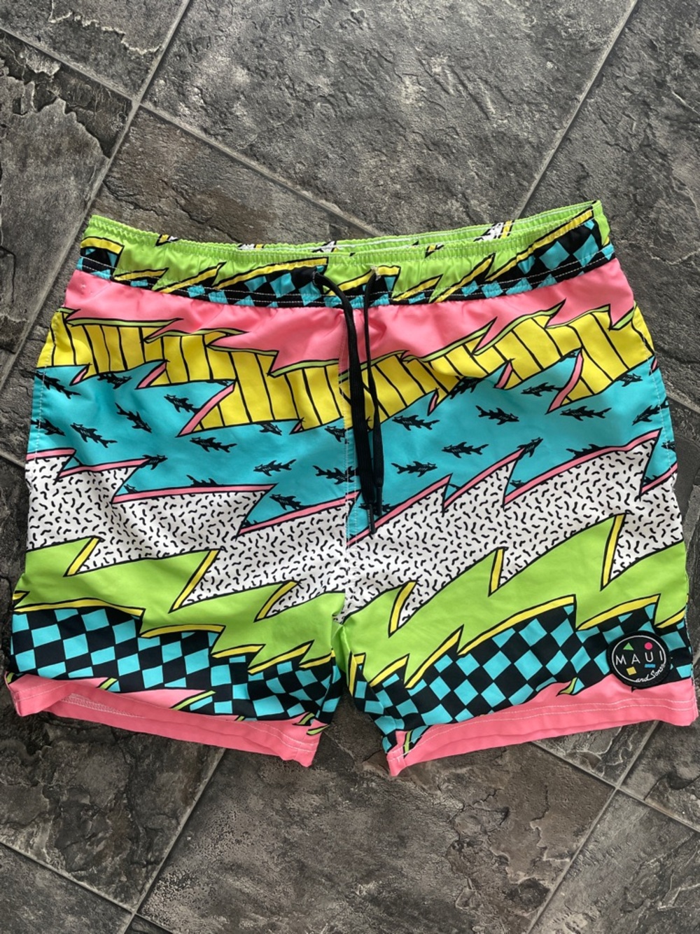MAUI & SONS Vintage Retro Y2K Vibrant Neon Geo Print Summer Coastal Swim Trunks